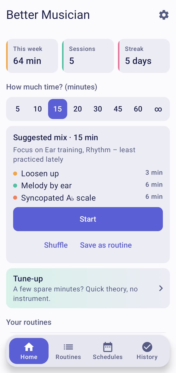 Home screen with a suggested 15-minute practice mix and a list of routines