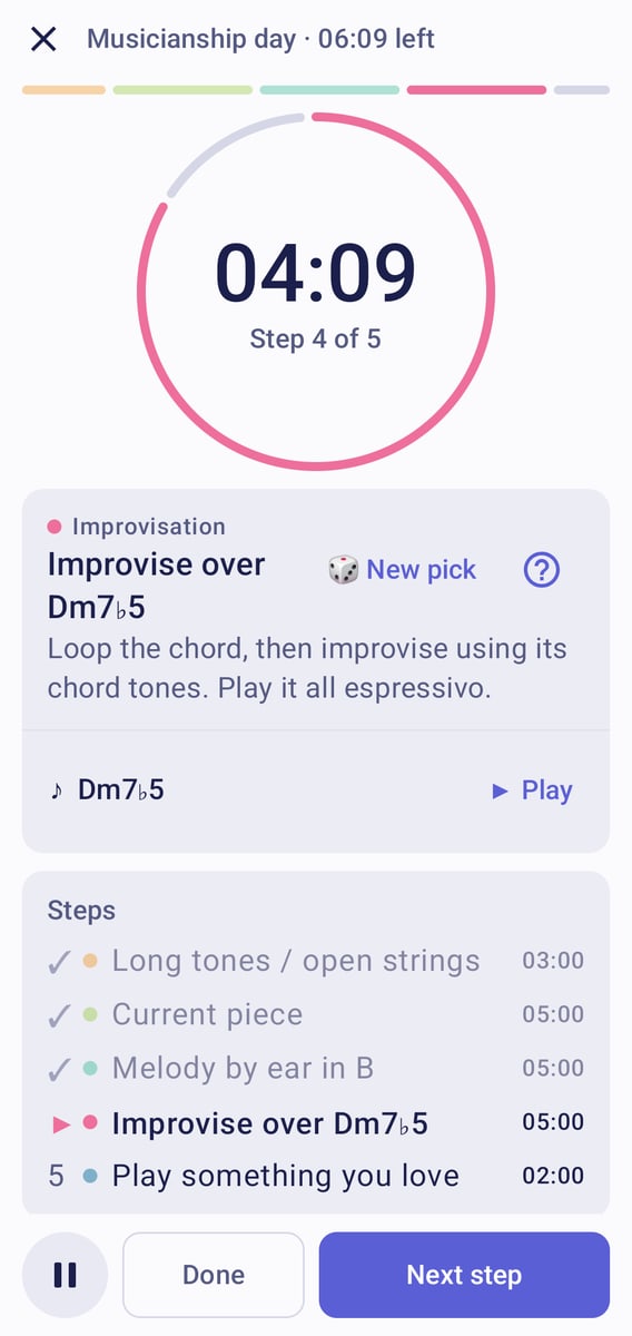 Guided practice session with a countdown timer and the list of steps